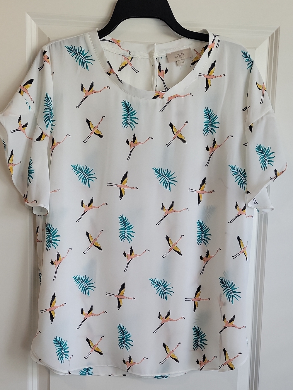 LOFT White Flamingo & Teal Palm Short Sleeve Blouse